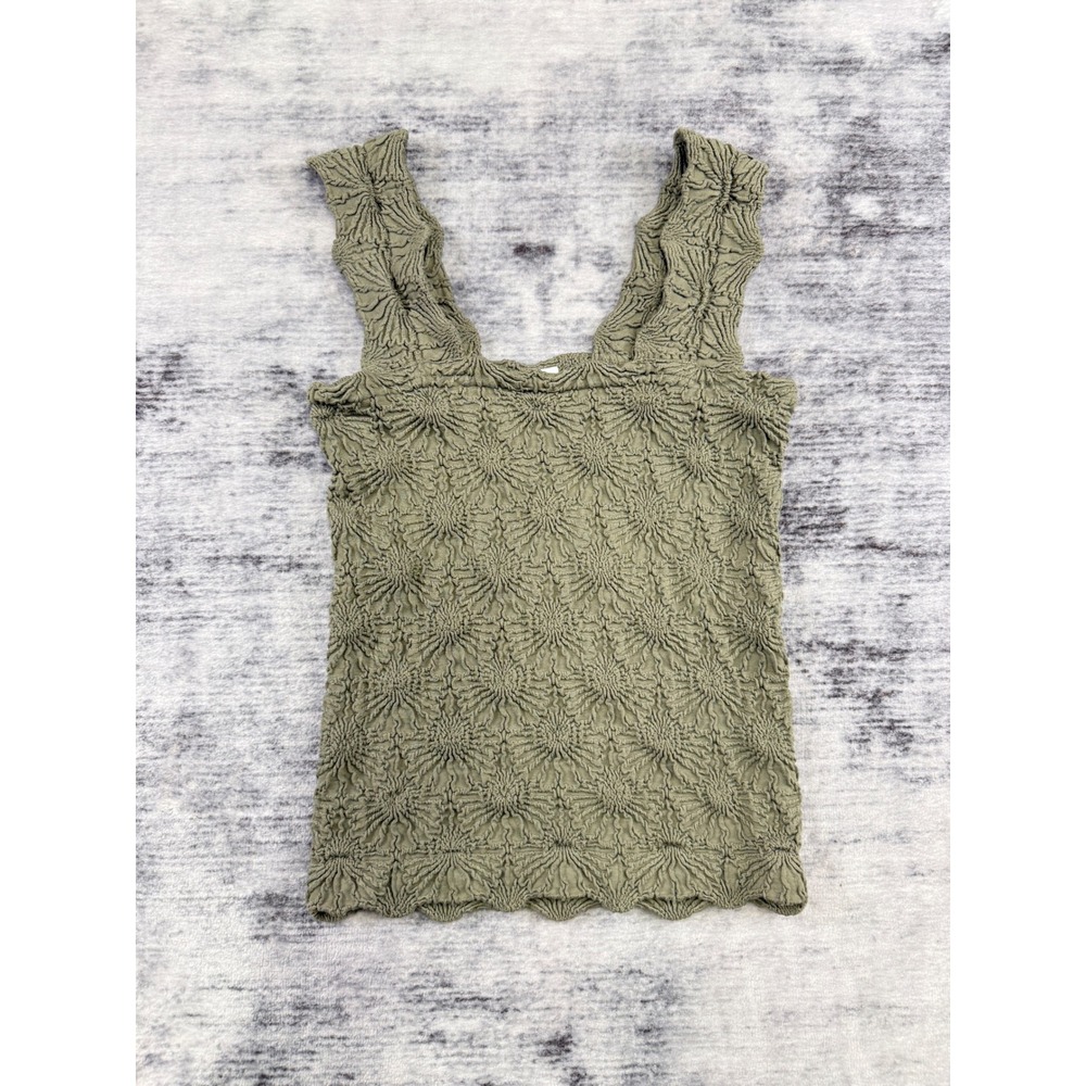 Olive Green Popcorn Texture Sunburst Tank Top Ruffle Strap Scalloped Hem Medium